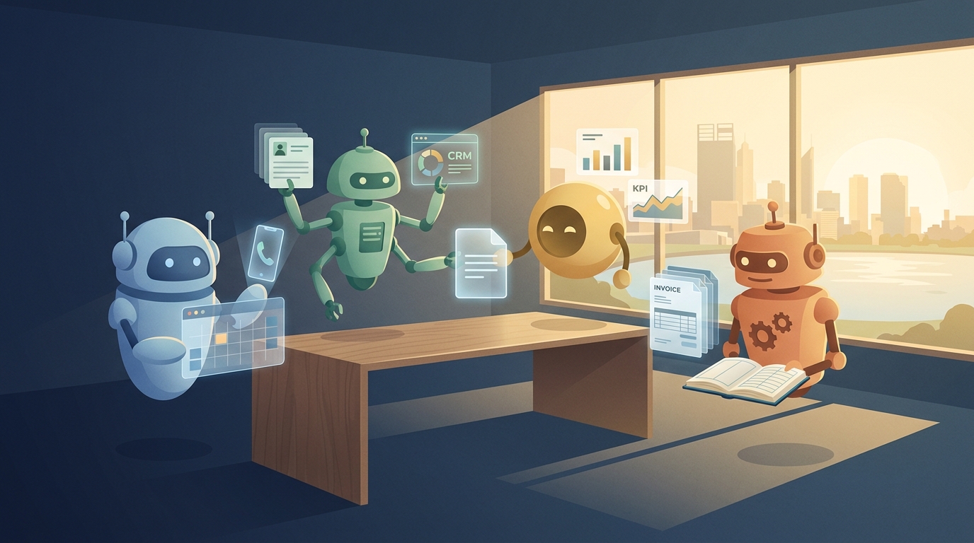 Four AI staff working together around a Perth small business desk